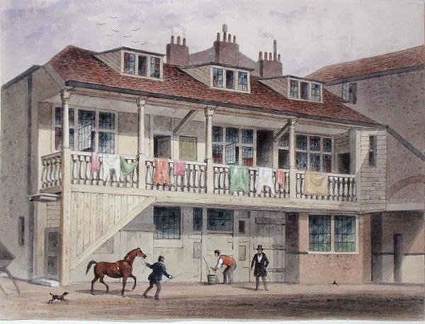 ब्लैक लायन इन का दृश्य, व्हाइटफ्रियर्स स्ट्रीट, c.1855 (कागज पर पानी के रंग का) द्वारा थॉमस होसमर शेफर्ड