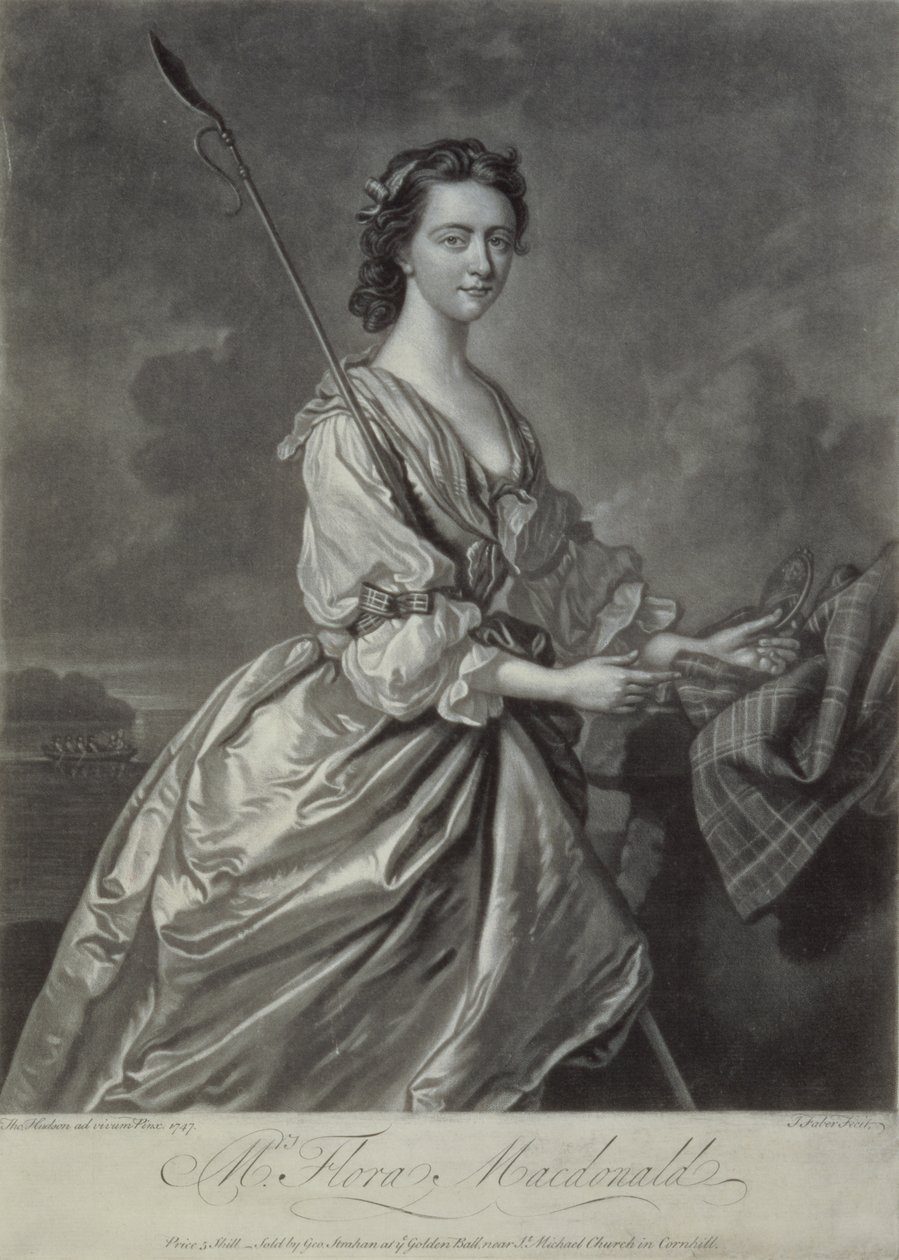 फ्लोरा मैकडोनाल्ड (1722-90), जे। फैबर, 1747 द्वारा उत्कीर्ण (mezzotint उत्कीर्ण) द्वारा थॉमस हडसन