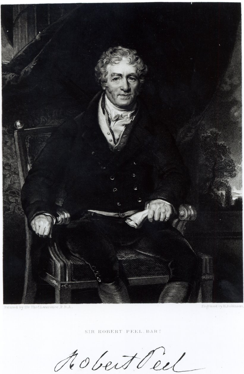 सर रॉबर्ट पील (1788-1850) का पोर्ट्रेट, एच, रॉबिन्सन (उत्कीर्णन) (बीडब्ल्यू फोटो) द्वारा उकेरा गया द्वारा थॉमस लॉरेंस
