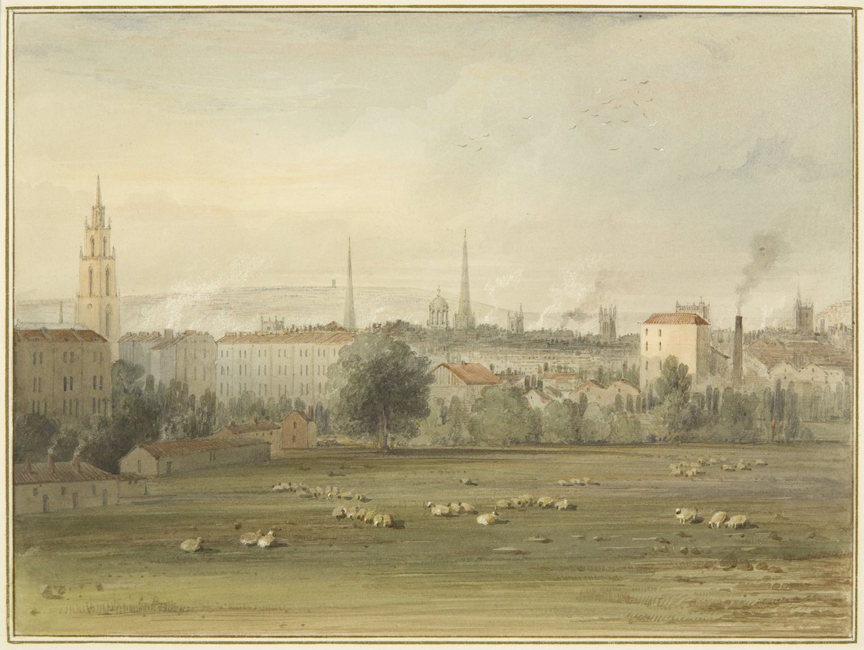 ब्रिस्टल क्षितिज के दृश्य के साथ स्टोक्स क्रॉफ्ट के पास (1810 में सैडलर और क्लेफील्ड के गुब्बारे की चढ़ाई की साइट) द्वारा थॉमस लेसन द एल्डर रौबोथम
