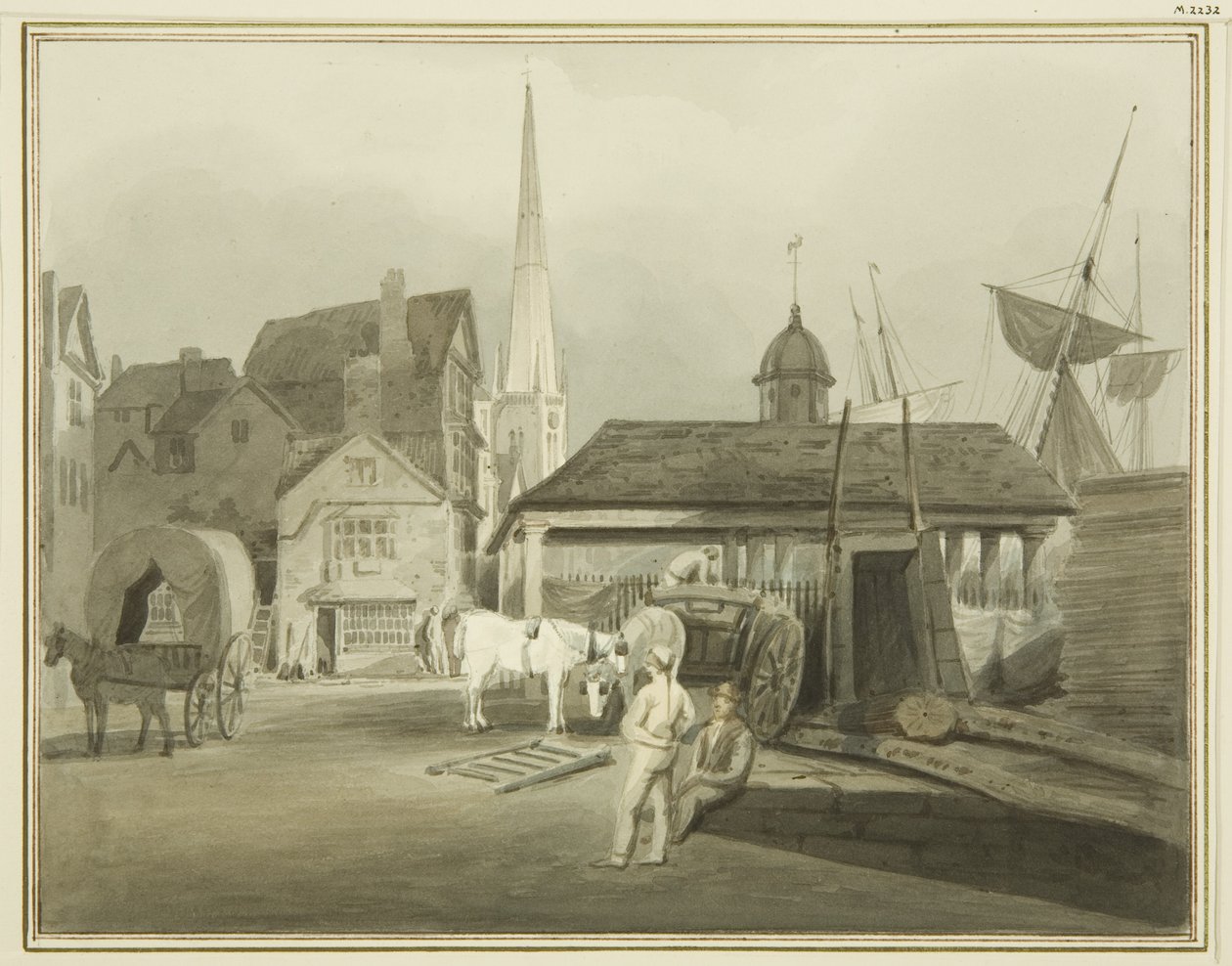 किंग स्ट्रीट का नॉर्थ-ईस्ट एंड, 1802 में वेल्श मार्केट दिखा रहा है (कागज पर पानी के रंग का) द्वारा थॉमस लेसन द एल्डर रौबोथम