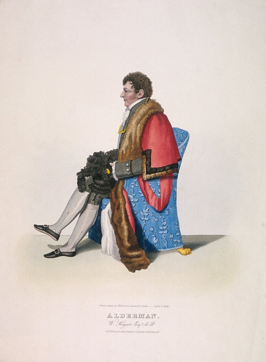 एल्डरमैन सर विलियम हेगेट, 1825 में बागे और टोपी दिखाते हुए और सिविक पोशाक में बैठे द्वारा थॉमस लॉर्ड बुस्बी