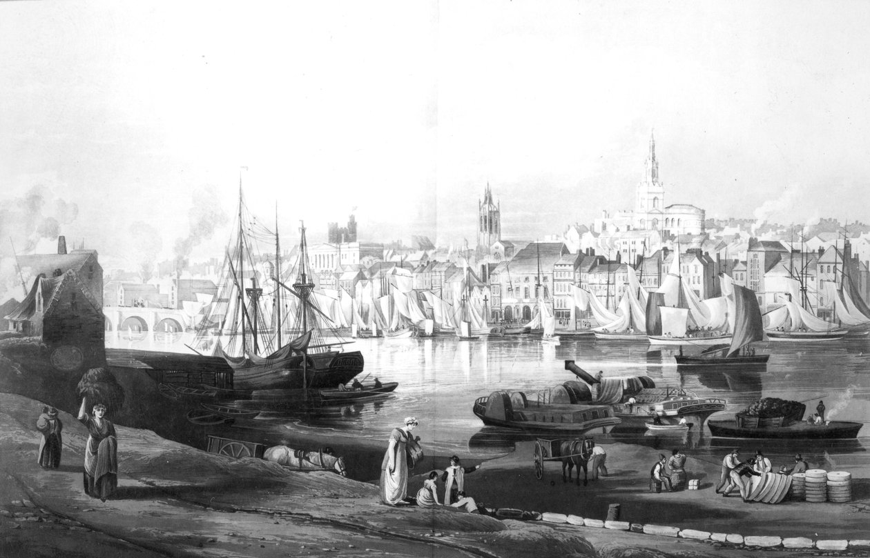 रॉबर्ट हेवेल, 1819 (उत्कीर्णन) द्वारा उत्कीर्ण रोप वॉक, गेट्सहेड से टाइन पर न्यूकैसल के बंदरगाह और शहर का दृश्य द्वारा थॉमस माइल्स रिचर्डसन