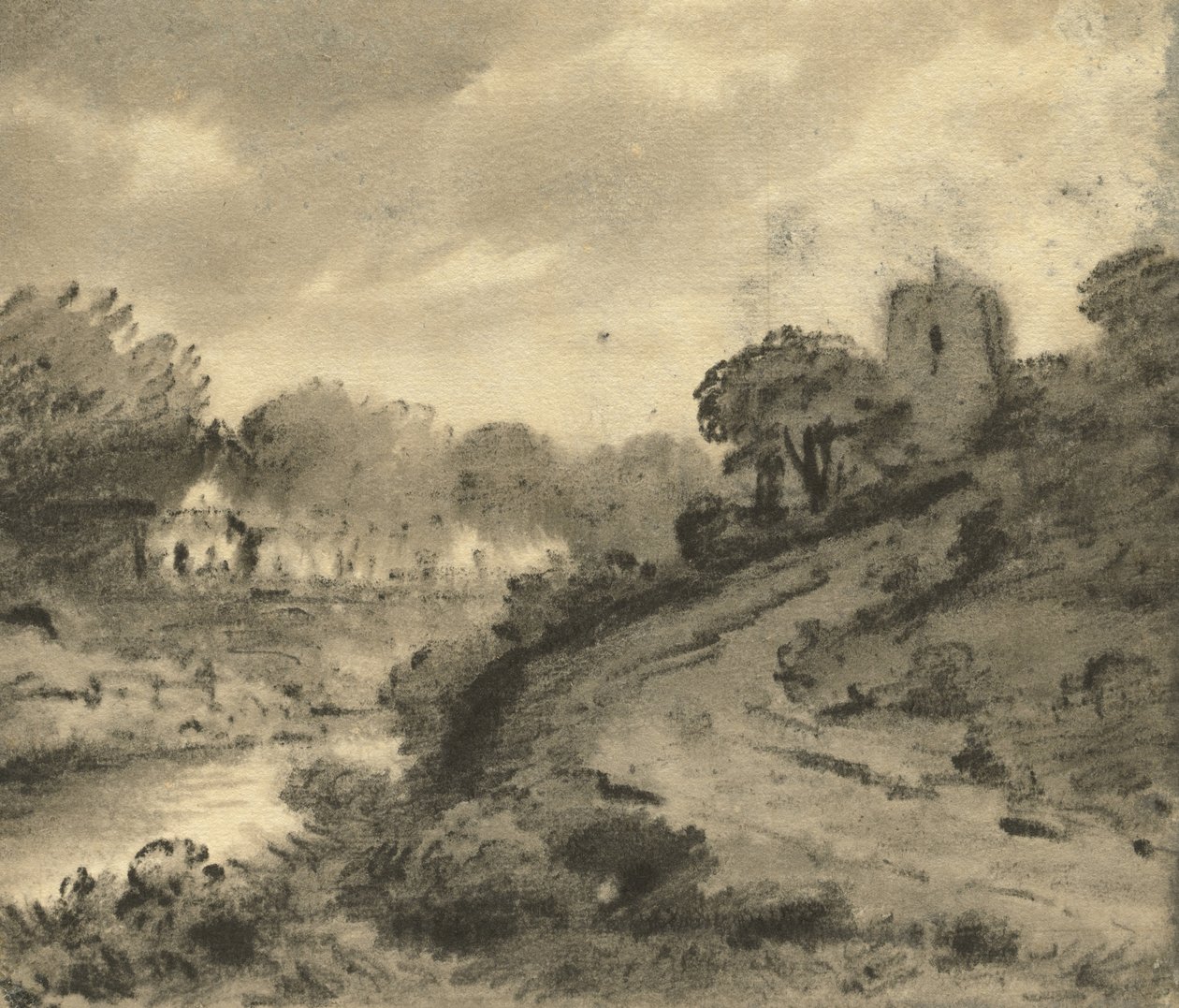 बाएं अग्रभूमि में एक चट्टान के साथ एक जंगली नदी का परिदृश्य, c.1800 द्वारा थॉमस मोनरो