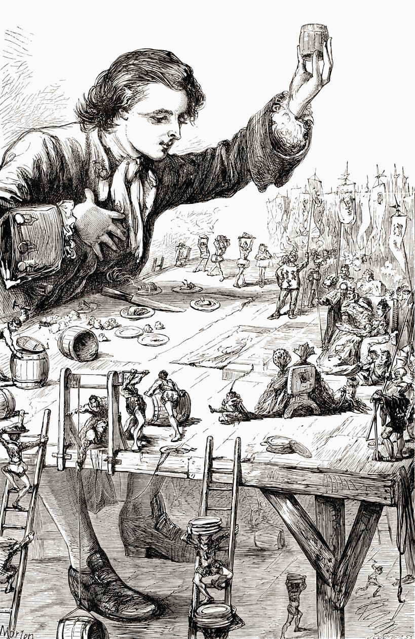 उनकी इम्पीरियल मैजेस्टी की इच्छा थी कि स्वयं और उनके शाही संघटन के साथ मेरे खाने का आनंद हो, &39;गुलिवर्स ट्रैवल्स&39; से चित्रण, प्रकाशित c.1875 द्वारा थॉमस मोर्टन