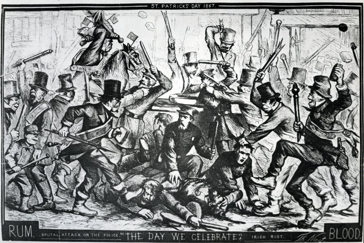 हार्पर के वीकली, 6 अप्रैल 1867 (लकड़ी के उत्कीर्णन) में प्रकाशित सेंट पैट्रिक डे 1867 पर न्यूयॉर्क में दंगों को दर्शाने वाला कार्टून द्वारा थॉमस नास्ट