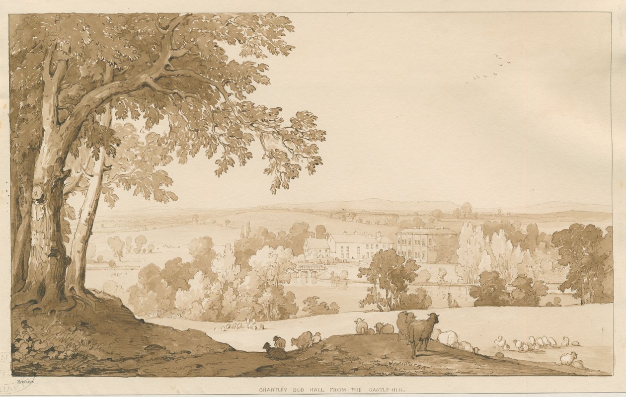चार्टली हॉल: सीपिया ड्राइंग, 1837 द्वारा थॉमस पेप्लो लकड़ी