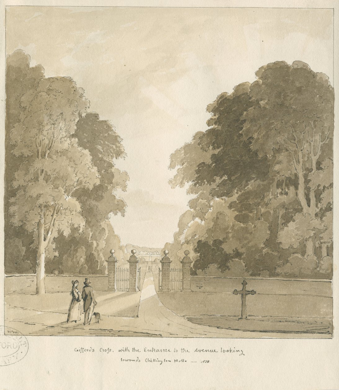 चिलिंगटन हॉल - "गिफ़र्ड" क्रॉस ": सीपिया ड्राइंग, 1838 द्वारा थॉमस पेप्लो लकड़ी