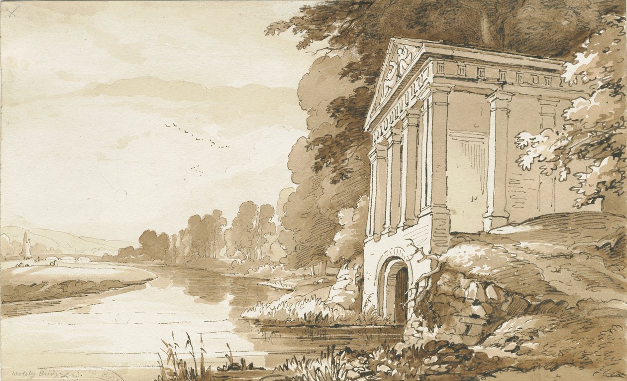 Colwich - वोल्स्ले ब्रिज के पास का मंदिर: सीपिया वॉश ड्राइंग, nd [1837-1838] (ड्राइंग) द्वारा थॉमस पेप्लो लकड़ी