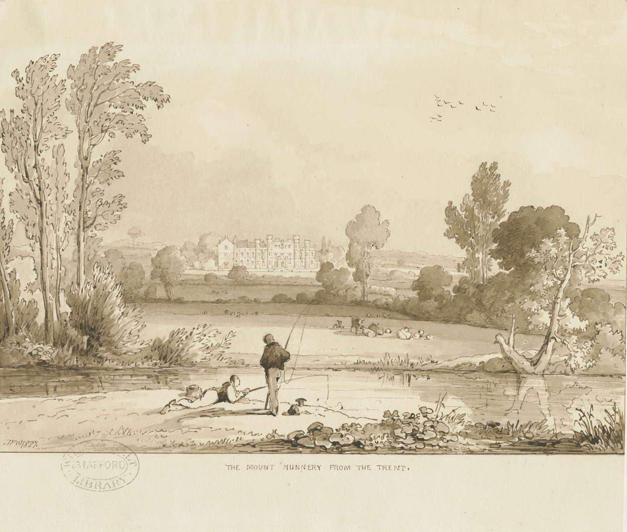 Colwich - The Mount Nunnery: सेपिया वॉश ड्राइंग, 1837 द्वारा थॉमस पेप्लो लकड़ी