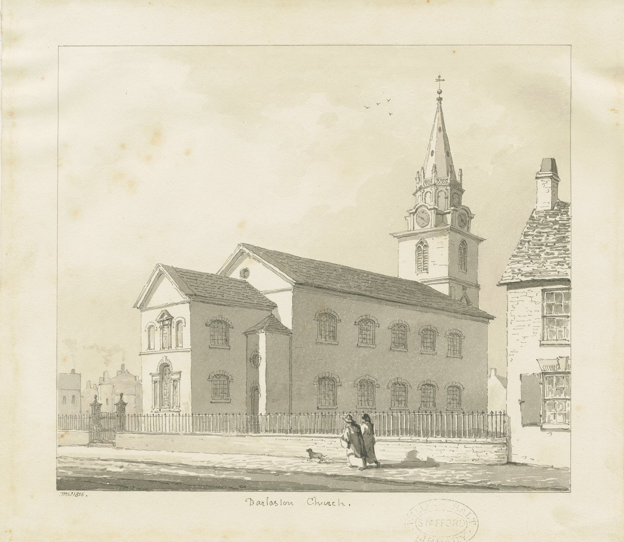 डार्लस्टन चर्च: सीपिया ड्राइंग, 1836 द्वारा थॉमस पेप्लो लकड़ी