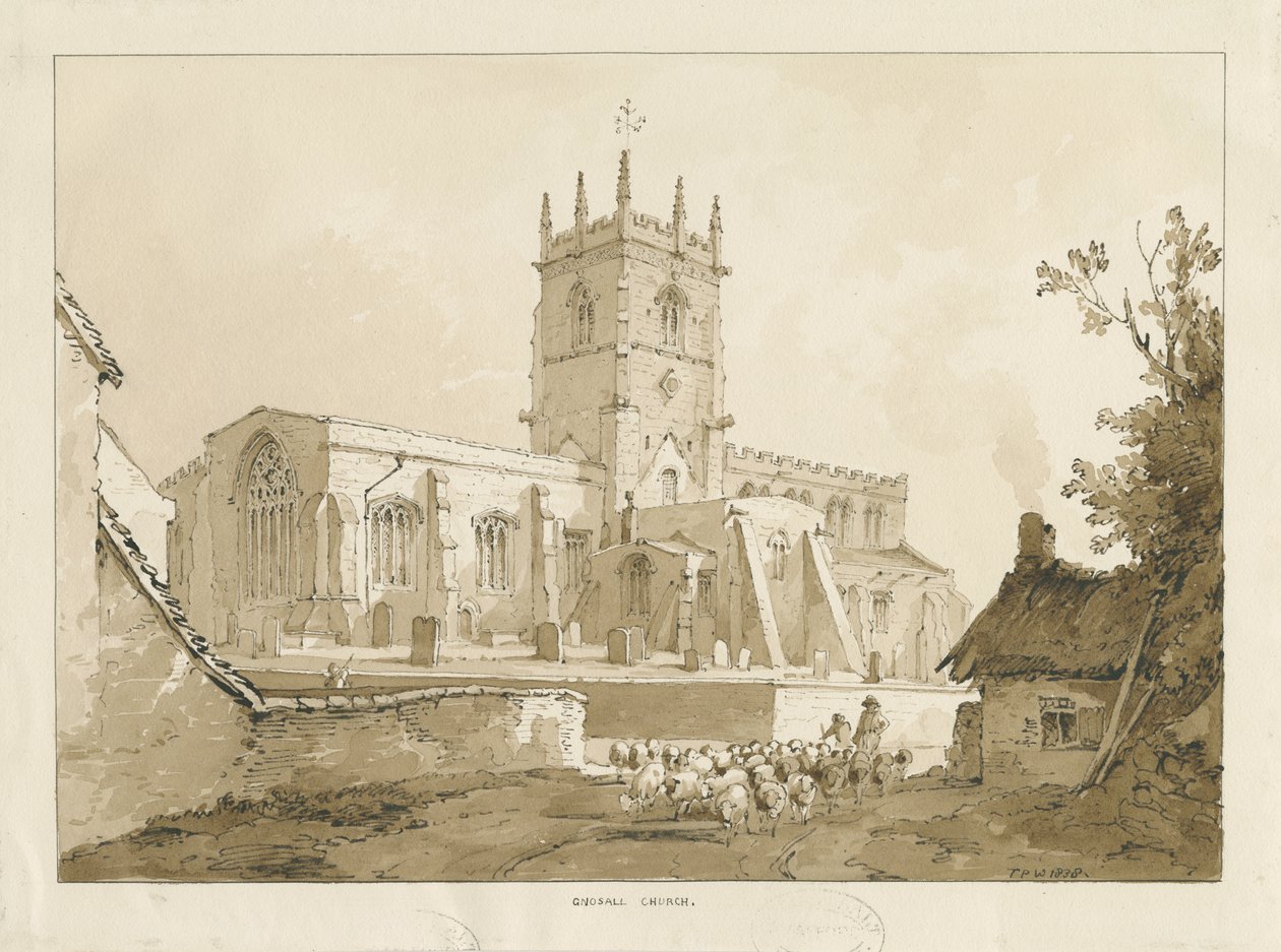 Gnosall Church: वॉश ड्राइंग, 1838 द्वारा थॉमस पेप्लो लकड़ी
