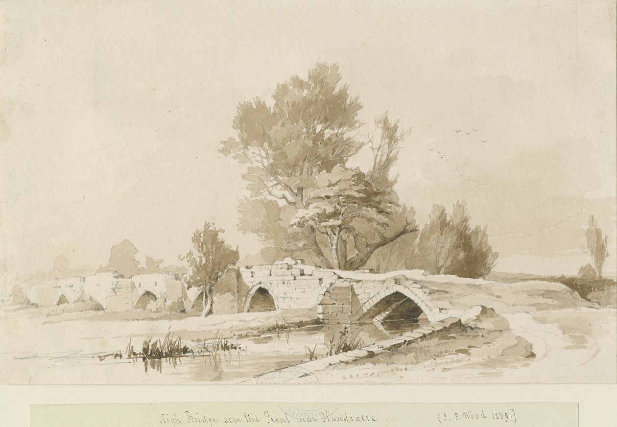 हैंडसेक्रे - पुराना हाई ब्रिज: सीपिया ड्राइंग, 1839 द्वारा थॉमस पेप्लो लकड़ी