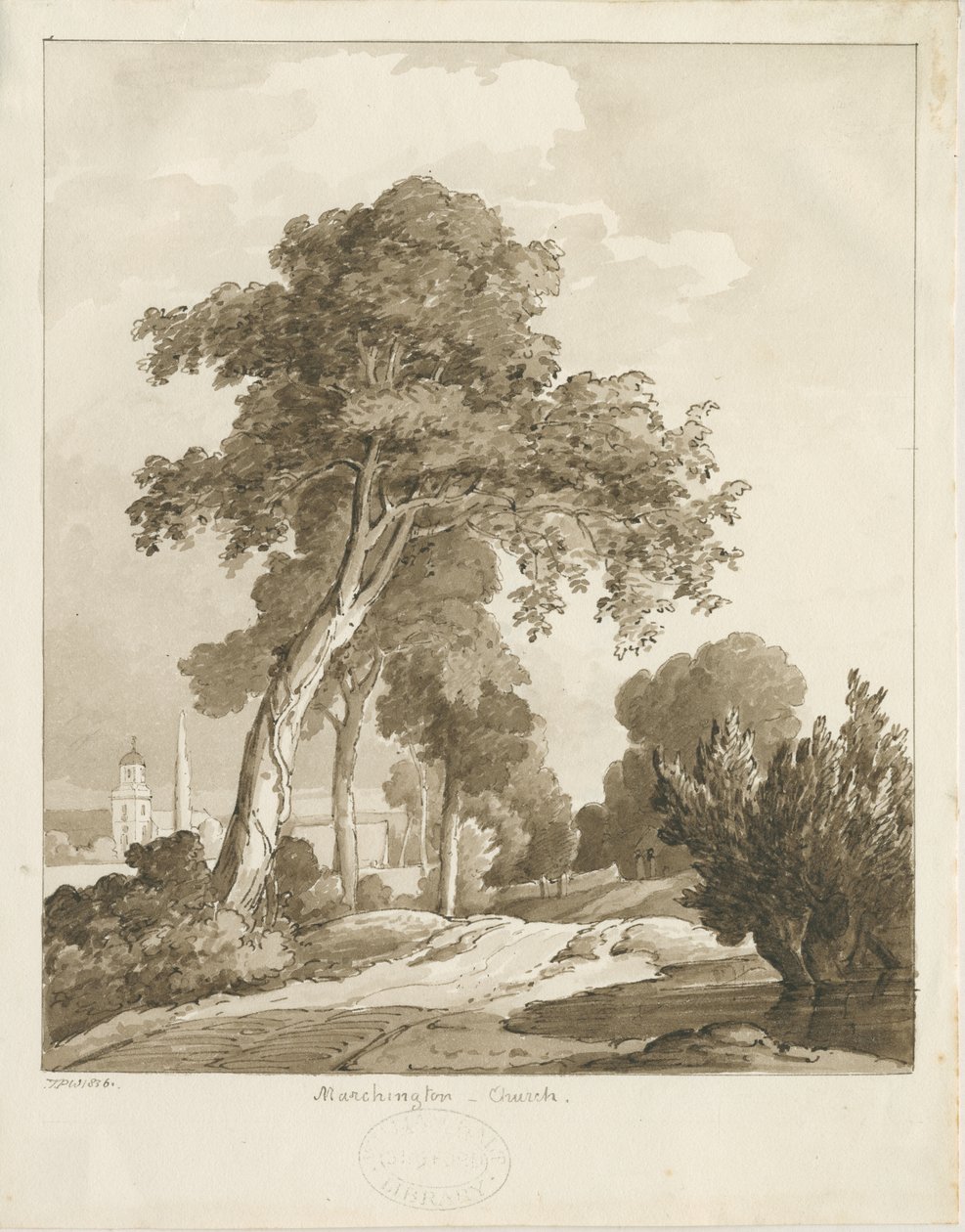 मार्चिंगटन चर्च: सेपिया वॉश ड्राइंग, 1836 द्वारा थॉमस पेप्लो लकड़ी