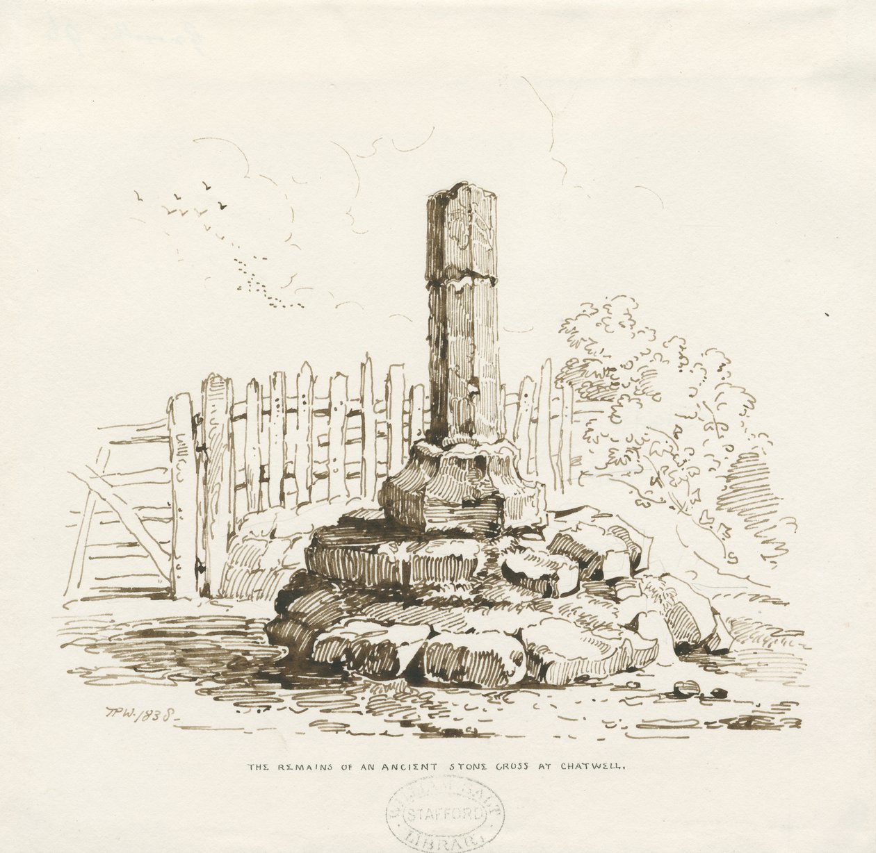 मोरेटन - स्टोन क्रॉस चैटवेल में बना हुआ है: पेन ड्राइंग, 1838 द्वारा थॉमस पेप्लो लकड़ी