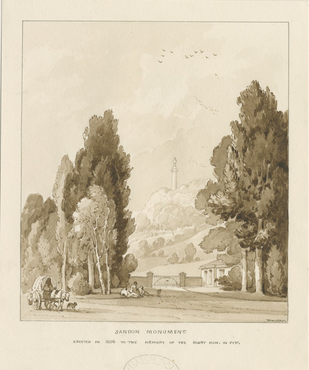 सैंडन - विलियम पिट का स्मारक: सीपिया वाश ड्राइंग, 1838 द्वारा थॉमस पेप्लो लकड़ी