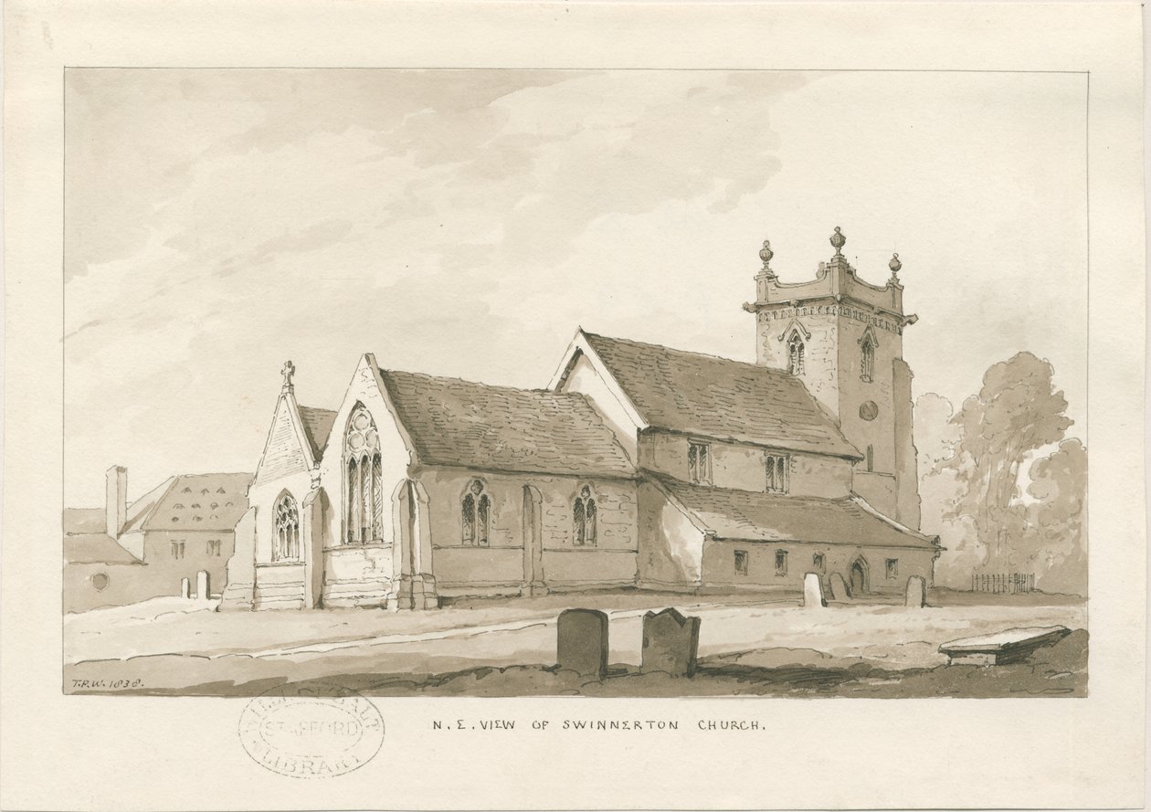 स्वेनर्टन चर्च: सीपिया वॉश ड्राइंग, 1838 द्वारा थॉमस पेप्लो लकड़ी