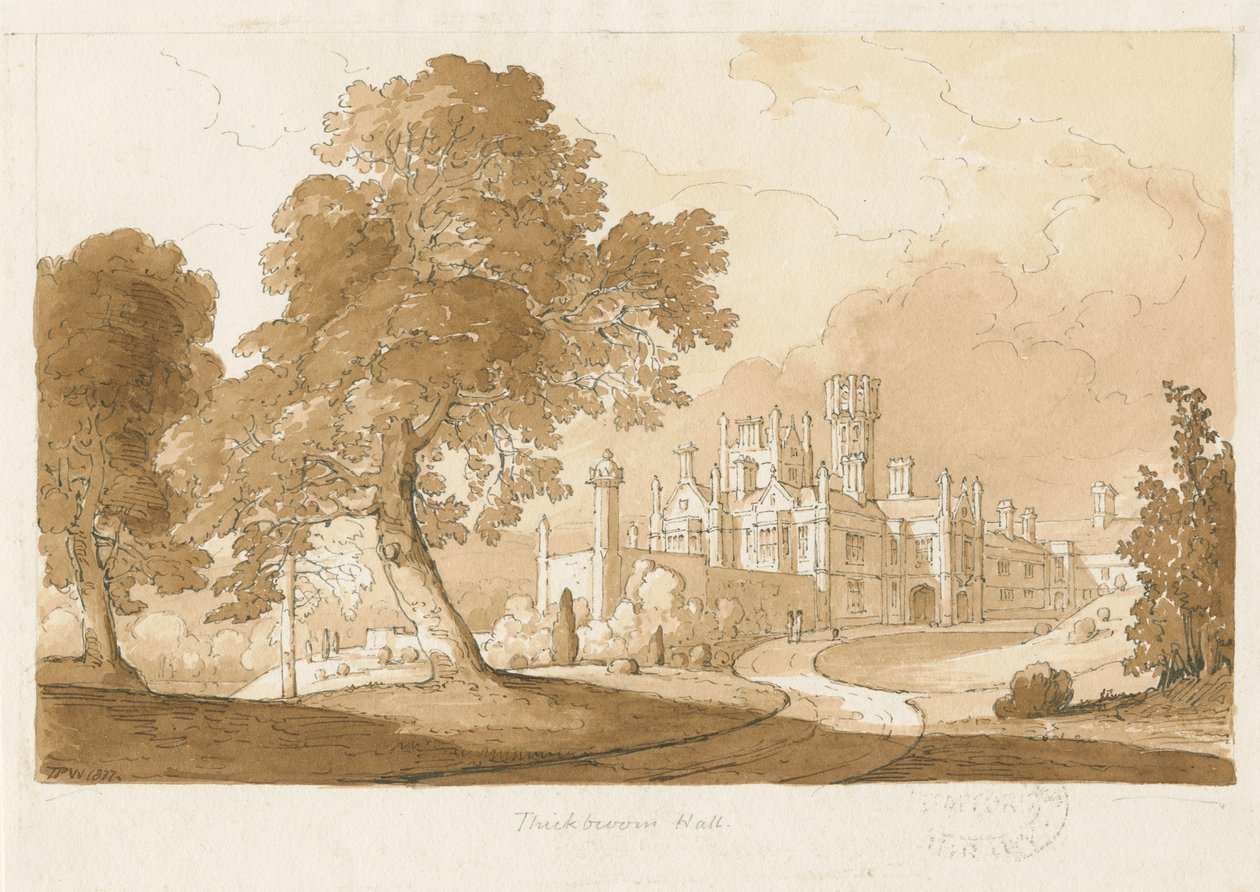 "थिकबरूम हॉल" [मैनली हॉल]: सीपिया वॉश ड्राइंग, 1837 द्वारा थॉमस पेप्लो लकड़ी