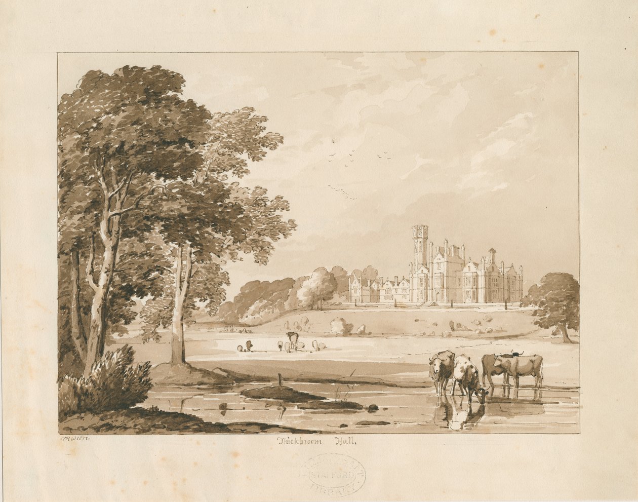 "थिकबरूम हॉल" [मैनली हॉल]: सीपिया वॉश ड्राइंग, 1837 द्वारा थॉमस पेप्लो लकड़ी