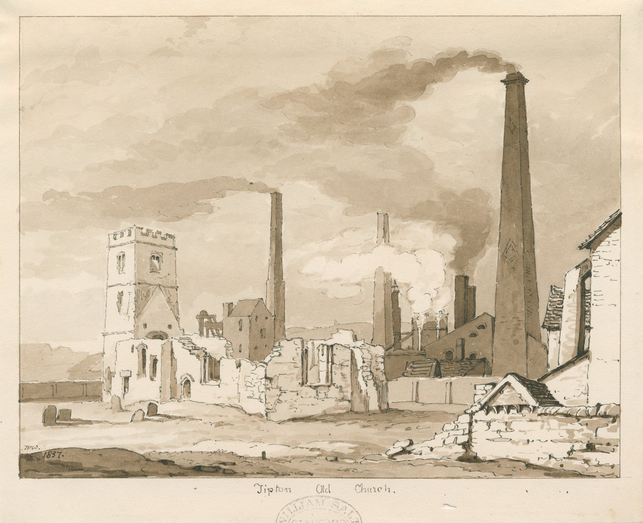 टिपटन ओल्ड चर्च: सेपिया वॉश ड्राइंग, 1837 द्वारा थॉमस पेप्लो लकड़ी