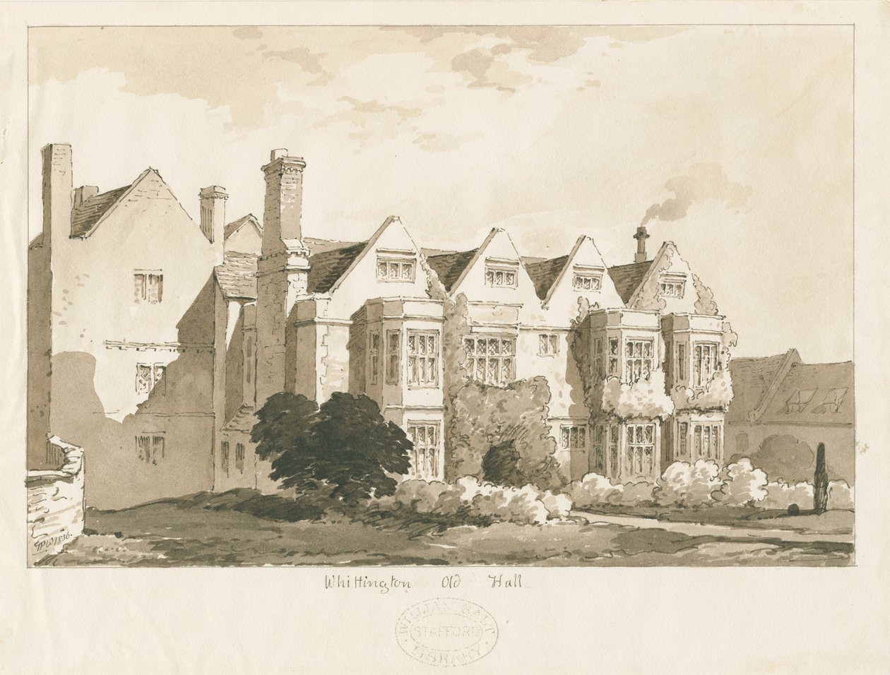व्हिटिंगटन हॉल: पेन एंड वॉश ड्राइंग, 1836 द्वारा थॉमस पेप्लो लकड़ी