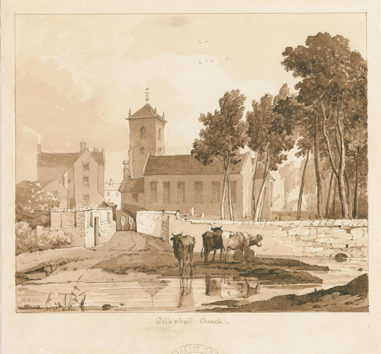 विलेनहॉल चर्च: सीपिया ड्राइंग, 1837 द्वारा थॉमस पेप्लो लकड़ी
