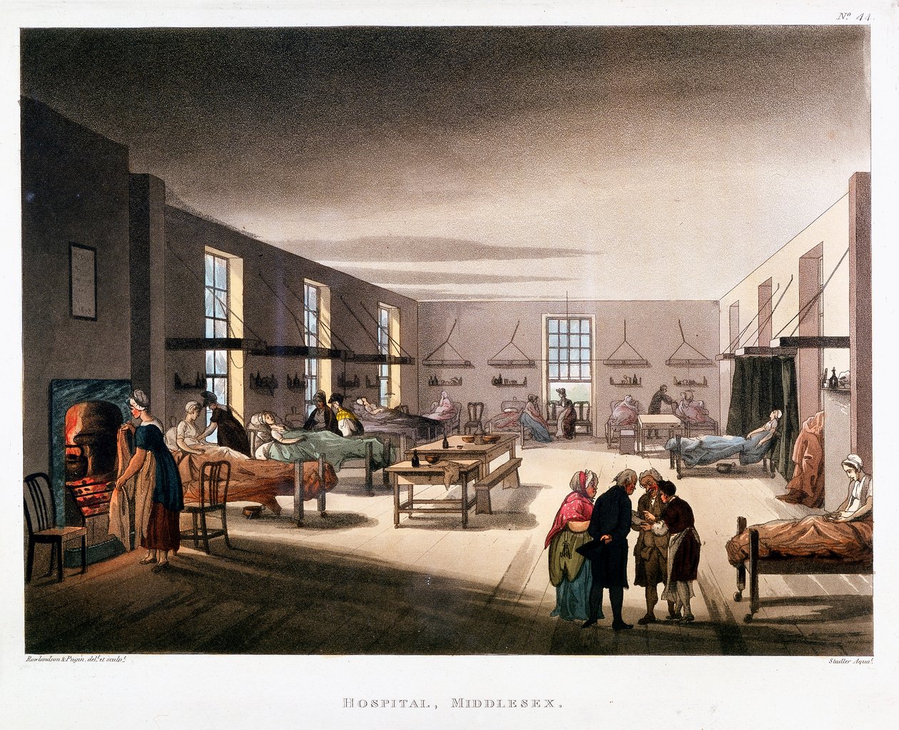 1808-1811 में मिडलसेक्स अस्पताल, लंदन में महिला वार्ड द्वारा थॉमस रोलैंडसन, ऑगस्टस चार्ल्स पुगिन