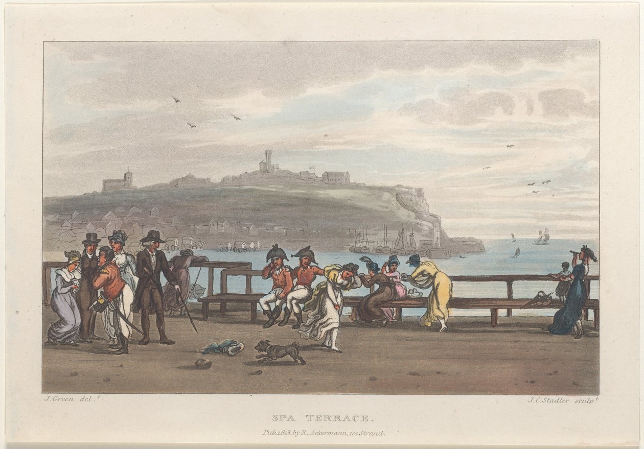 स्पा टैरेस, स्कारबोरो के पोएटिकल स्केच से, 1813., 1813. निर्माता: थॉमस रोलैंडसन, जोसेफ कॉन्सटेंटाइन स्टैडलर, जे. ब्लक। द्वारा थॉमस रोलैंडसन, जोसेफ कॉन्सटेंटाइन स्टैडलर, जे ब्लुक