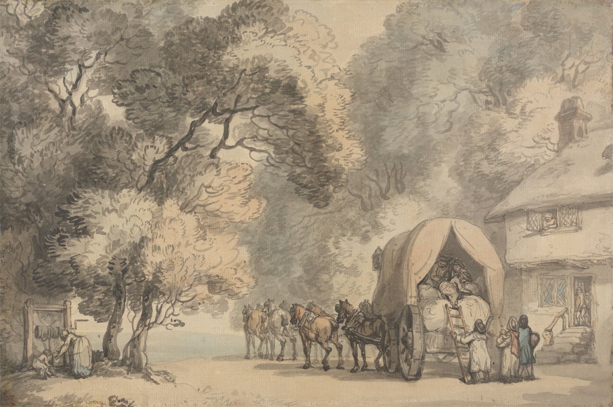 एक कैरियर की गाड़ी एक सराय के बाहर, c.1785-90 (रखी कागज पर पेन और स्याही और पानी के रंग का) द्वारा थॉमस रोलैंड्सन