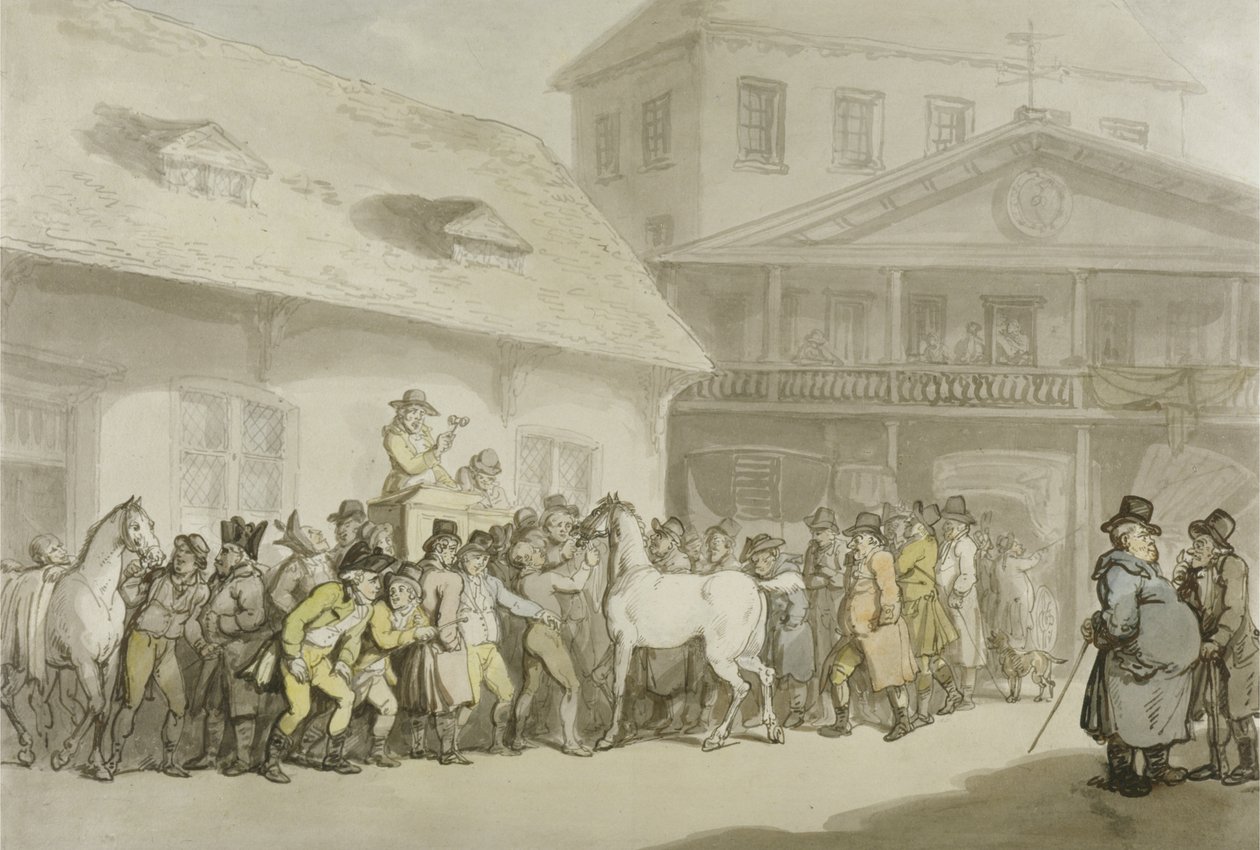 हॉपकिंस रिपॉजिटरी, बारबिकन में एक घोड़े की बिक्री, c.1798-1800 (कागज पर कलम, स्याही और पानी के रंग) द्वारा थॉमस रोलैंड्सन