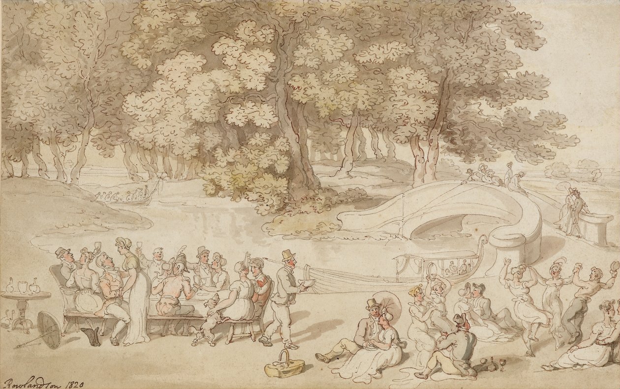 एक सामाजिक अवकाश, 1820 (कागज पर धोने के साथ कलम और स्याही) द्वारा थॉमस रोलैंड्सन
