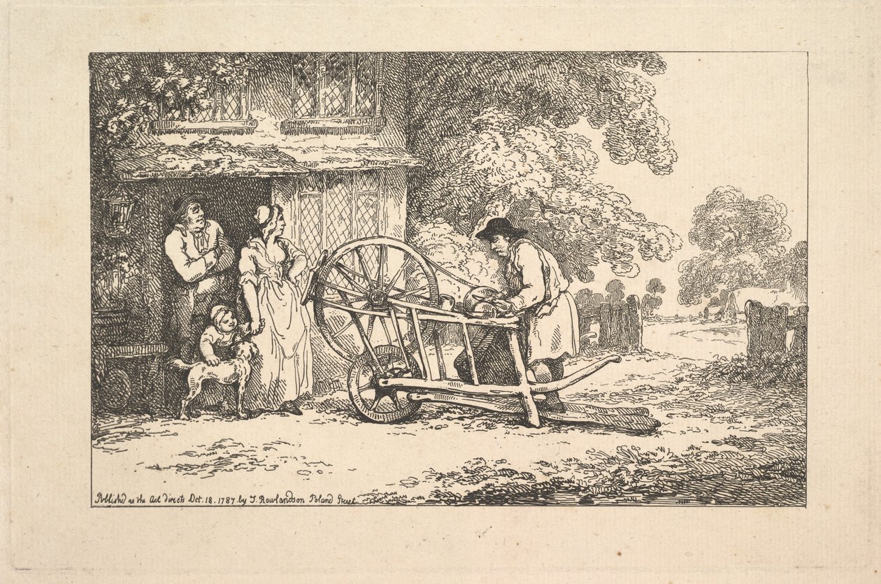 कॉटेज डोर, 1787 में एक ट्रैवलिंग नाइफ-ग्राइंडर। द्वारा थॉमस रोलैंड्सन