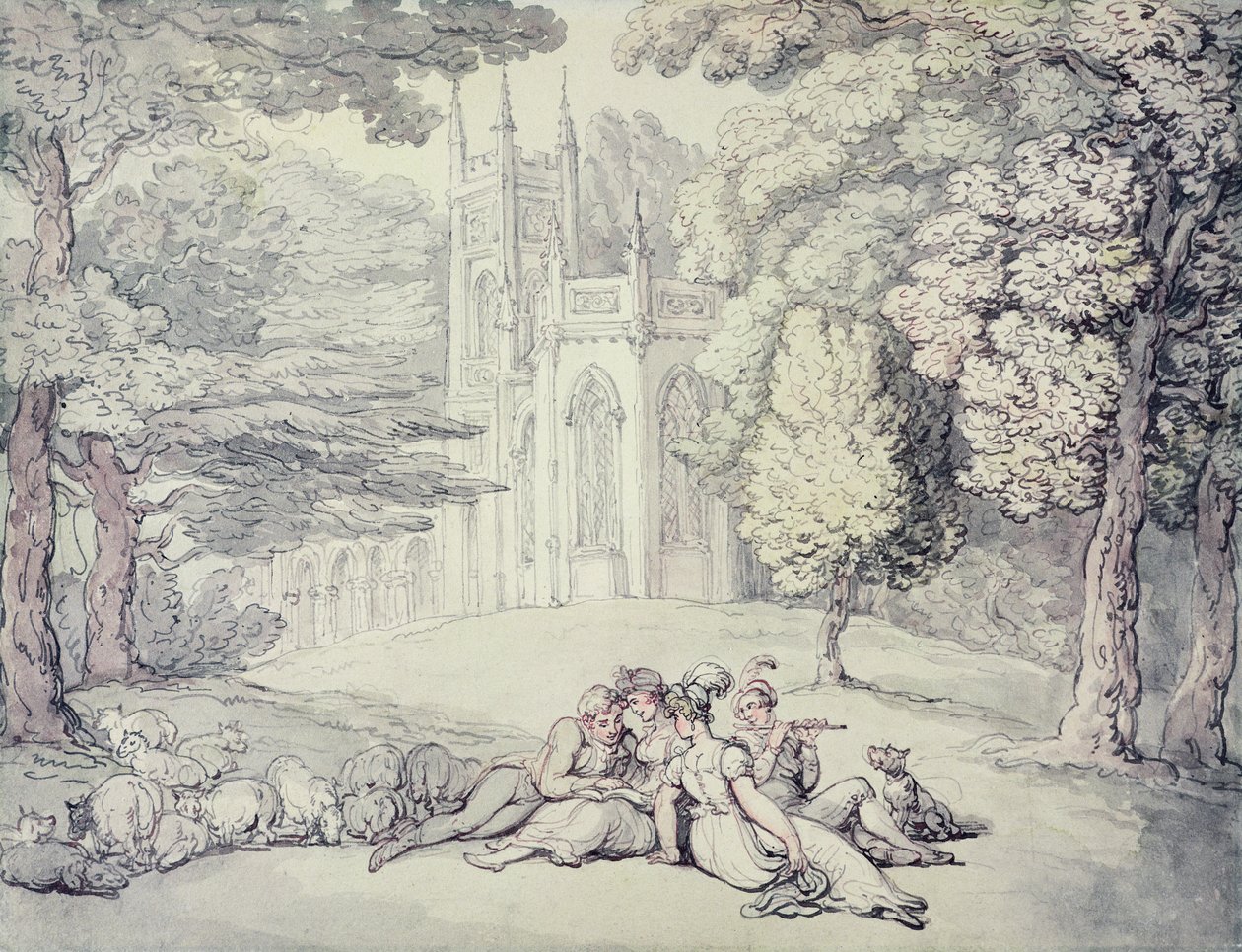अग्रभूमि में बांधों और युवा सज्जनों के समूह के साथ एक कॉलेज ग्रीन, c.1810-15 (कागज पर पेंसिल से अधिक कलम और स्याही और वॉटरकलर) द्वारा थॉमस रोलैंड्सन