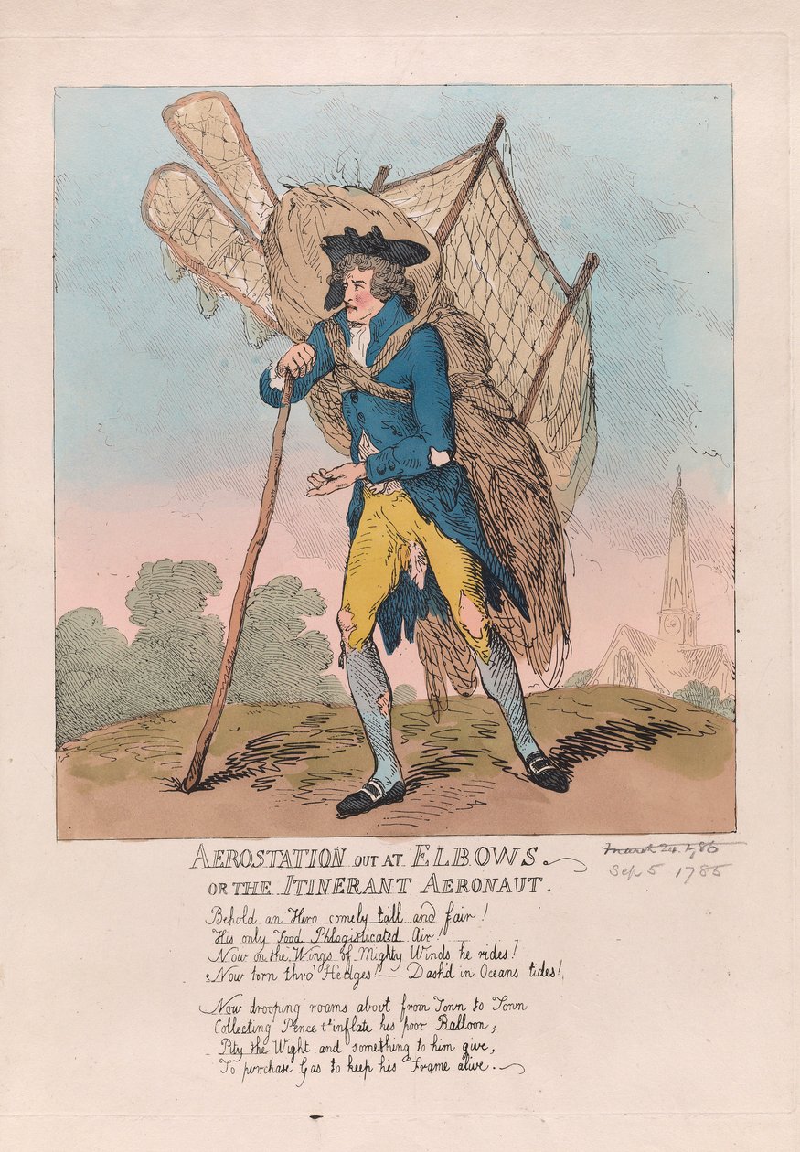 Elbows या Itinerant Aeronaut, पब में एरोटेशन 1785 (हाथ के रंग की नक्काशी) द्वारा थॉमस रोलैंड्सन