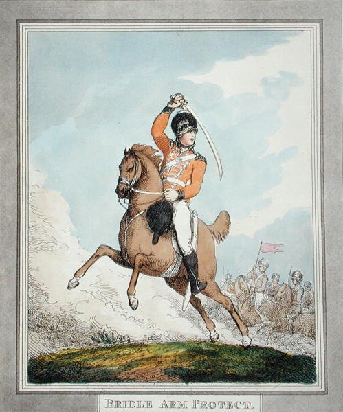 ब्रिडल आर्म प्रोटेक्ट, 'हंगेरियन एंड हाईलैंड ब्रॉडस्वॉर्ड' से, 1798 में प्रकाशित (एक्वाटिंट) द्वारा थॉमस रोलैंड्सन