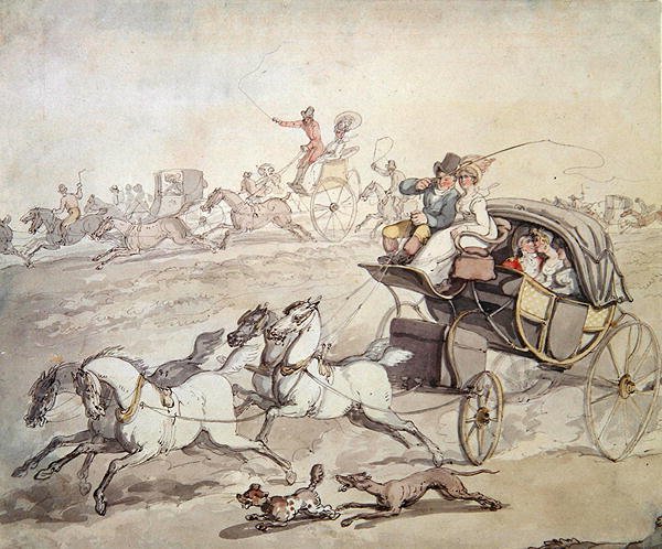 खुली घास के मैदान में पूरी गति से गाड़ी और सवार, c.1800 (कागज पर धोने के साथ कलम और स्याही) द्वारा थॉमस रोलैंड्सन