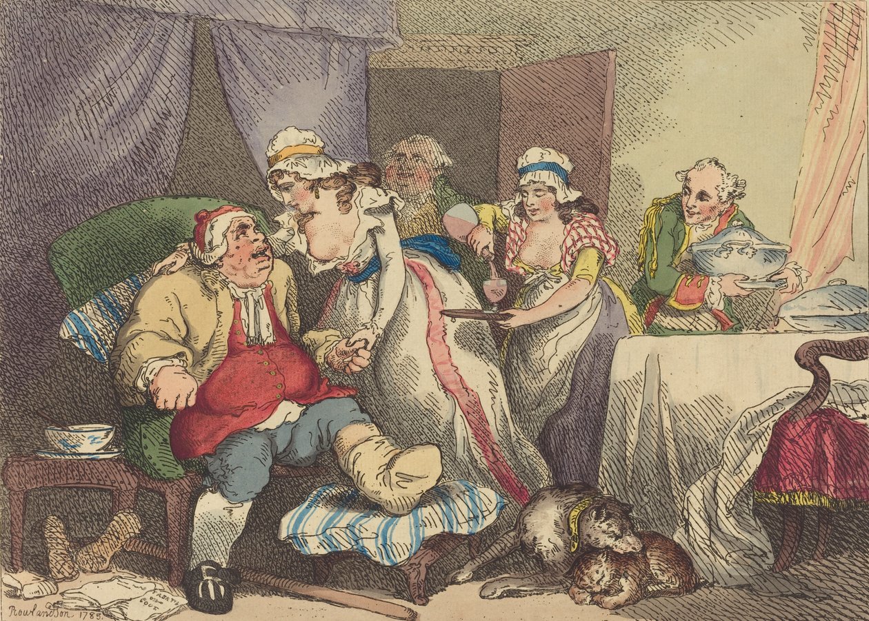 गाउट में आराम, 1785। द्वारा थॉमस रोलैंड्सन