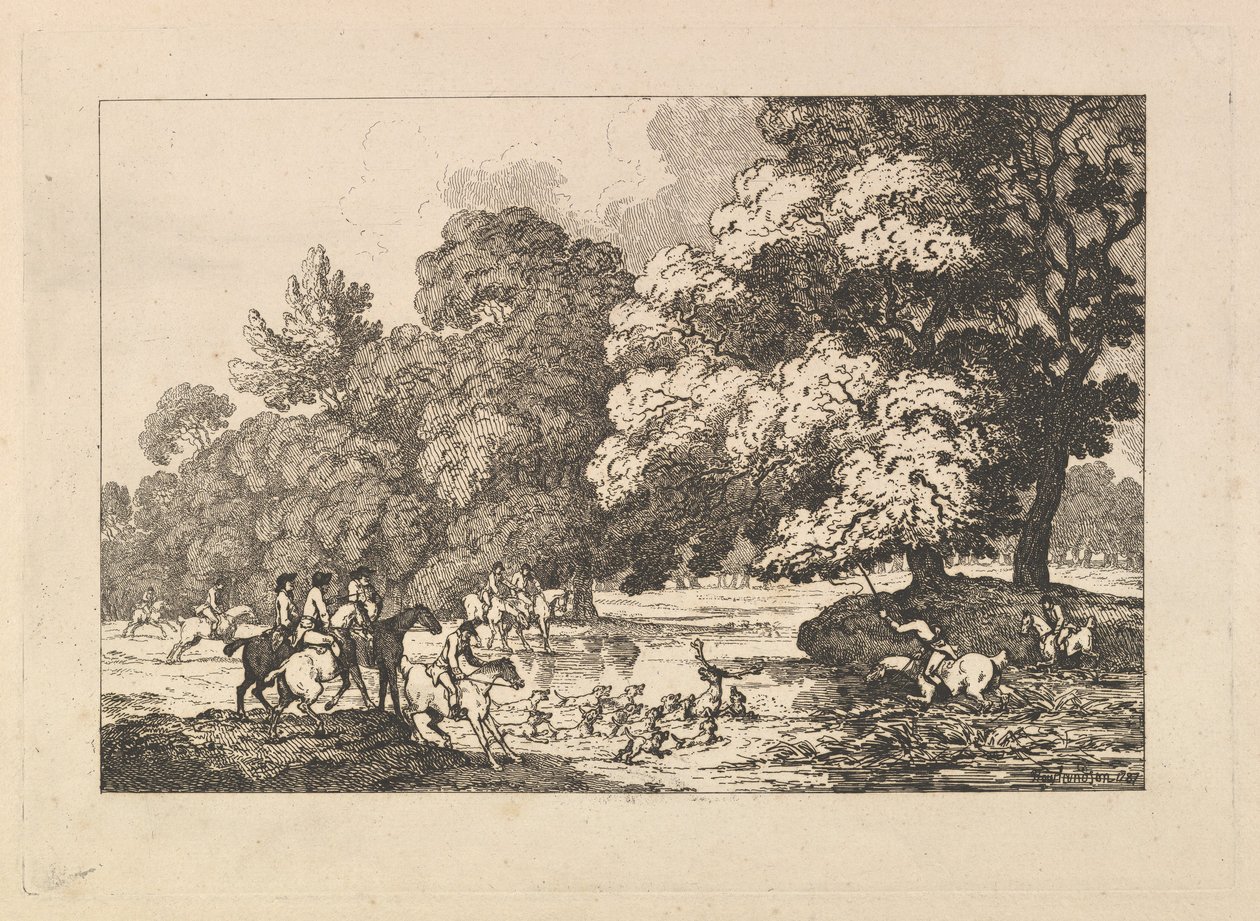 हिरण शिकार - 1787 में एक नदी में स्टैग और हाउंड्स के साथ एक लैंडस्केप सीन। द्वारा थॉमस रोलैंड्सन