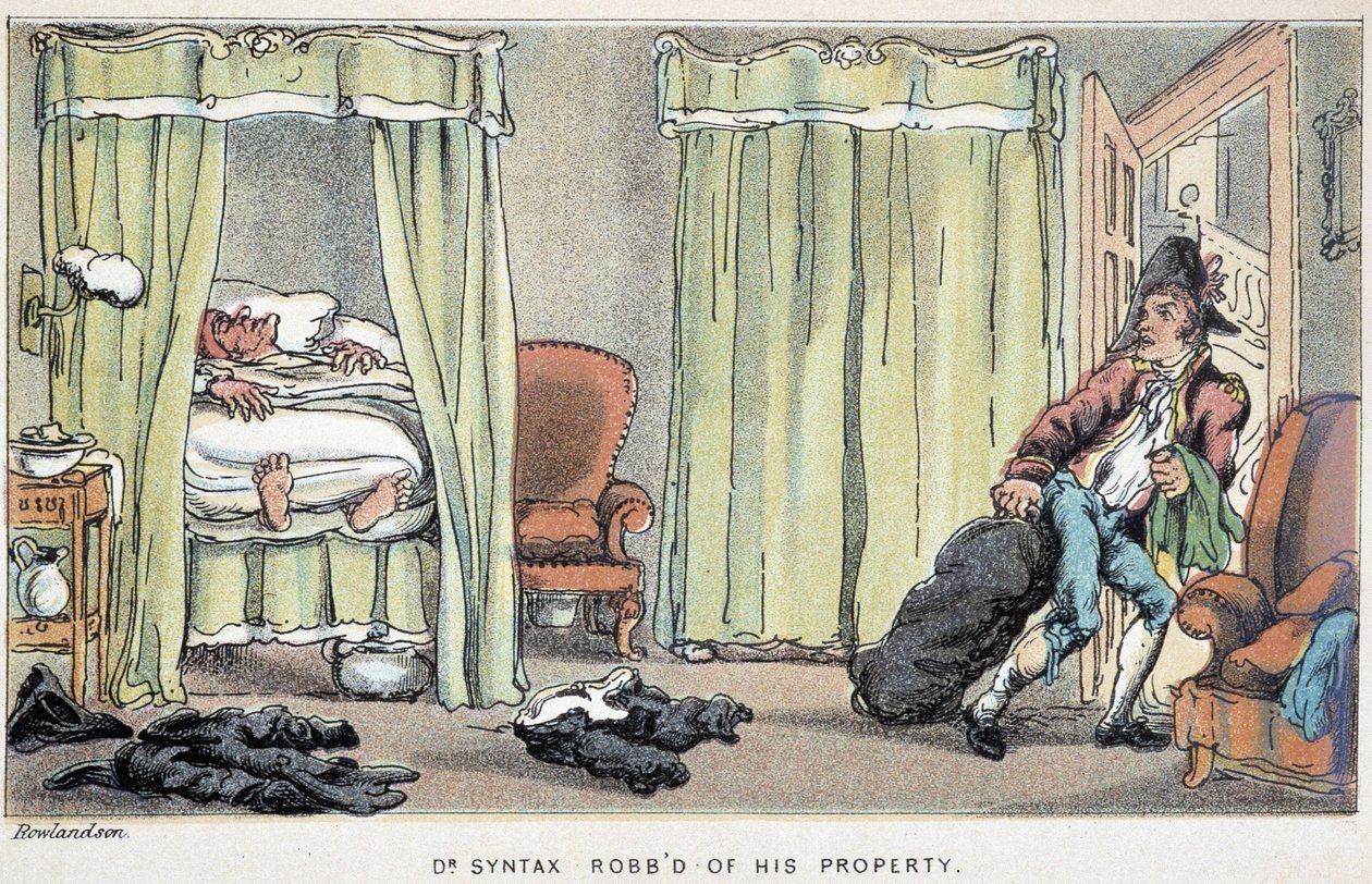 डॉ. सिंटेक्स के घर में सेंधमारी सोते समय - विलियम कॉम्बे द्वारा "" डॉक्टर सिंटेक्स के तीन दौरों: सुरम्य सांत्वना और एक पत्नी की तलाश में"" में, बीमार। रोलैंडसन द्वारा थॉमस रोलैंड्सन