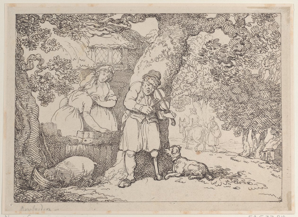 फिडलर, सेलर, टू वीमेन एंड ए पिग बाय ए कॉटेज, 1816., 1816। द्वारा थॉमस रोलैंड्सन