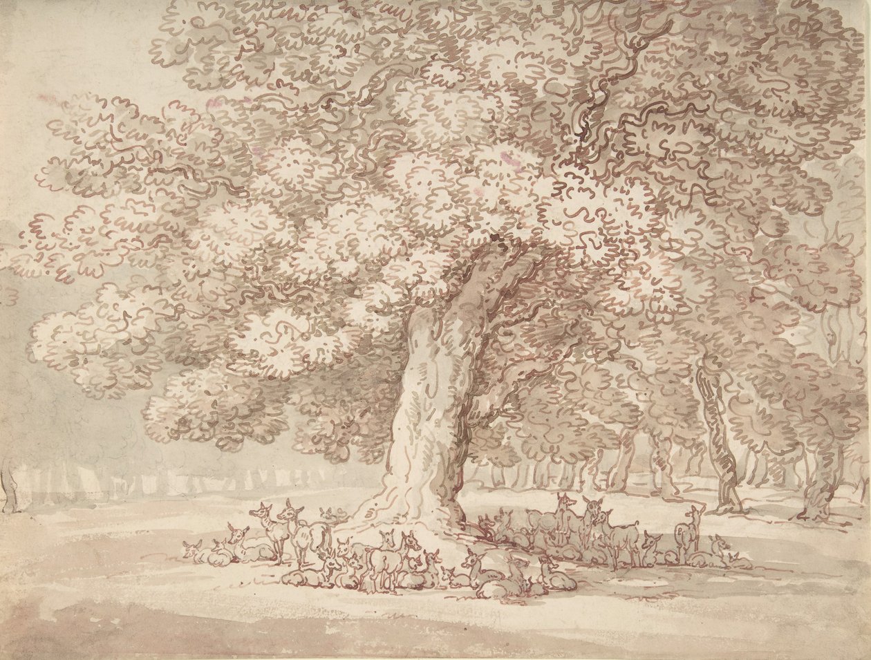 ओक के पेड़ के नीचे हिरणों का झुंड, 1775-1827। द्वारा थॉमस रोलैंड्सन