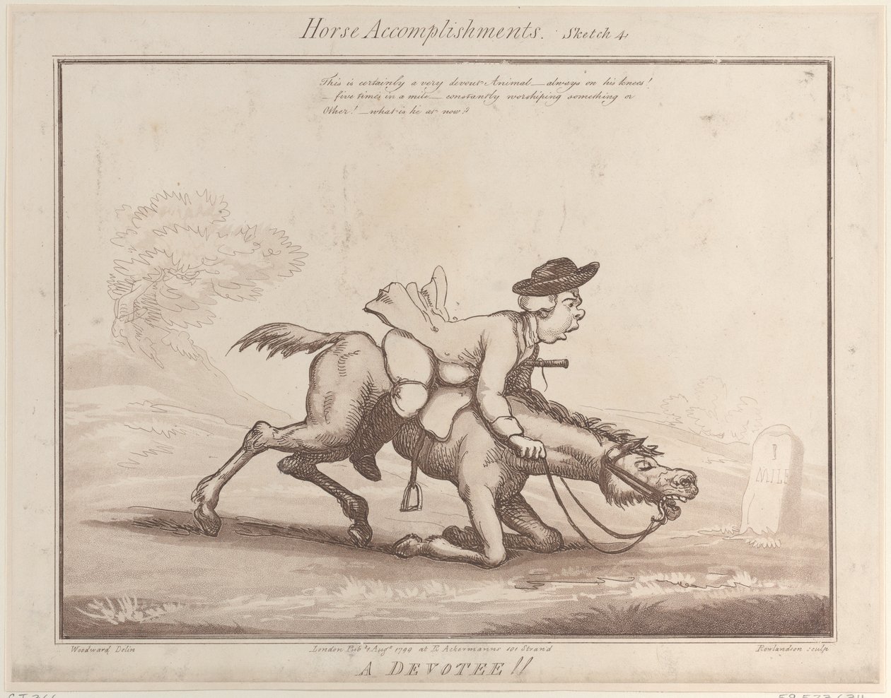 घोड़े की उपलब्धियां, रेखाचित्र 4: एक भक्त!!, 1 अगस्त, 1799., 1 अगस्त, 1799। द्वारा थॉमस रोलैंड्सन