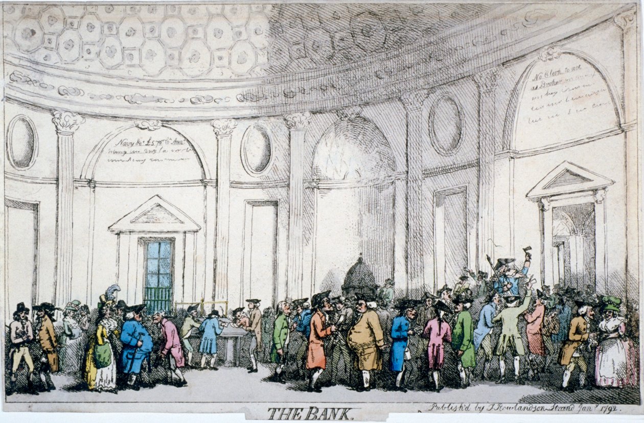 बैंक ऑफ़ इंग्लैंड, सिटी ऑफ़ लंदन, 1792 का आंतरिक दृश्य। द्वारा थॉमस रोलैंड्सन