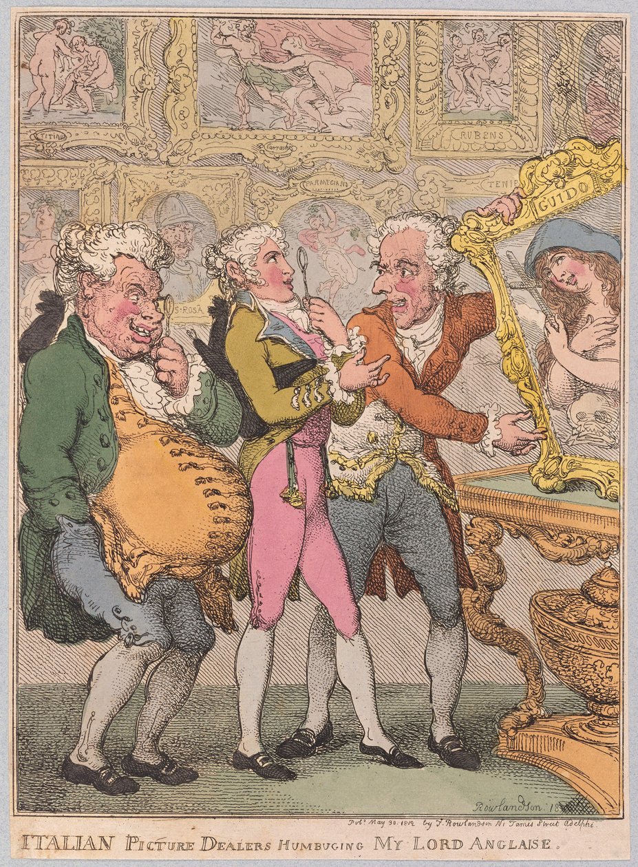 इटालियन पिक्चर डीलर्स ने हंबिंगिंग माई लॉर्ड एंग्लाइस, पब। 1812 (हाथ के रंग का उत्कीर्णन) द्वारा थॉमस रोलैंड्सन