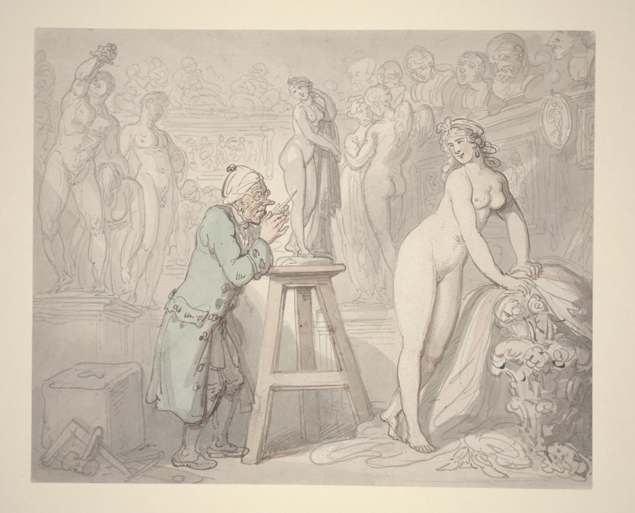 जोसेफ नोलकेन्स इन हिज स्टूडियो, c.1810 (कागज पर पेंसिल, स्याही और पानी के रंग का) द्वारा थॉमस रोलैंड्सन