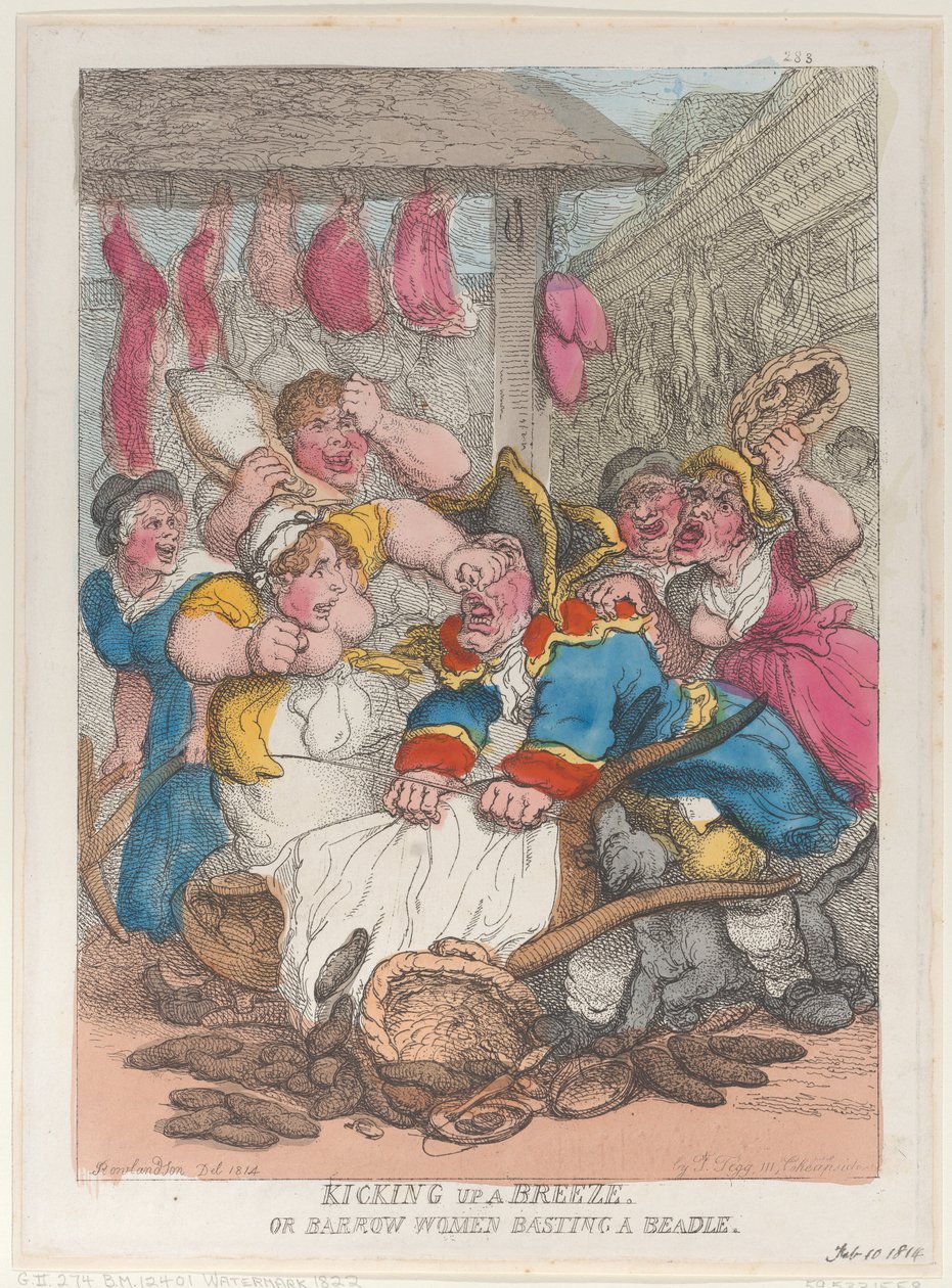 किकिंग अप ए ब्रीज़ या बैरो वीमेन बस्टिंग ए बीडल, 10 फरवरी, 1814, 10 फरवरी, 1814। द्वारा थॉमस रोलैंड्सन