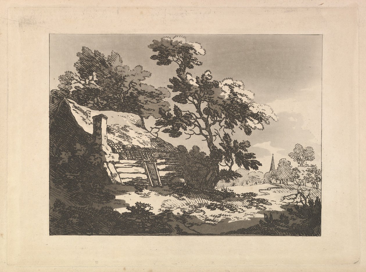 लेफ्ट के पेड़ों के बीच कॉटेज के साथ लैंडस्केप, और दायीं ओर 1783-84 में एक दूर का चर्च का शिखर। द्वारा थॉमस रोलैंड्सन