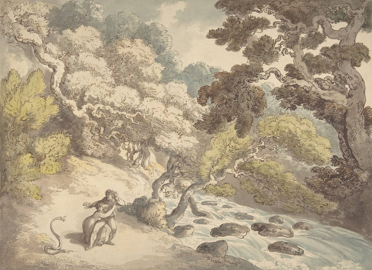 1775-1827 में सांप से डरे हुए जलधारा और किनारे पर एक युगल के साथ लैंडस्केप। द्वारा थॉमस रोलैंड्सन