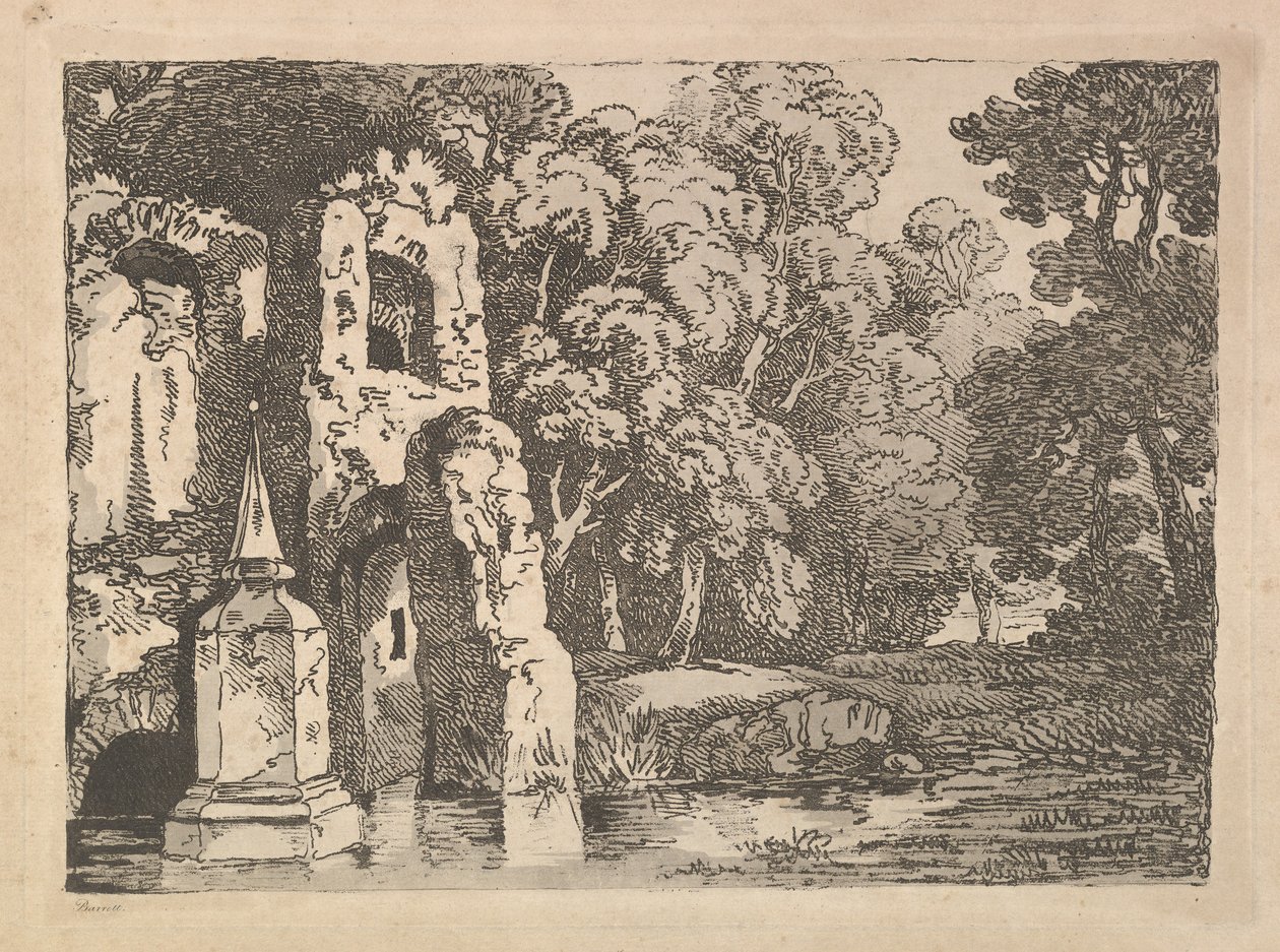 वुड्स लैंडस्केप में पूल के बगल में खंडहर, 1783-84। द्वारा थॉमस रोलैंड्सन