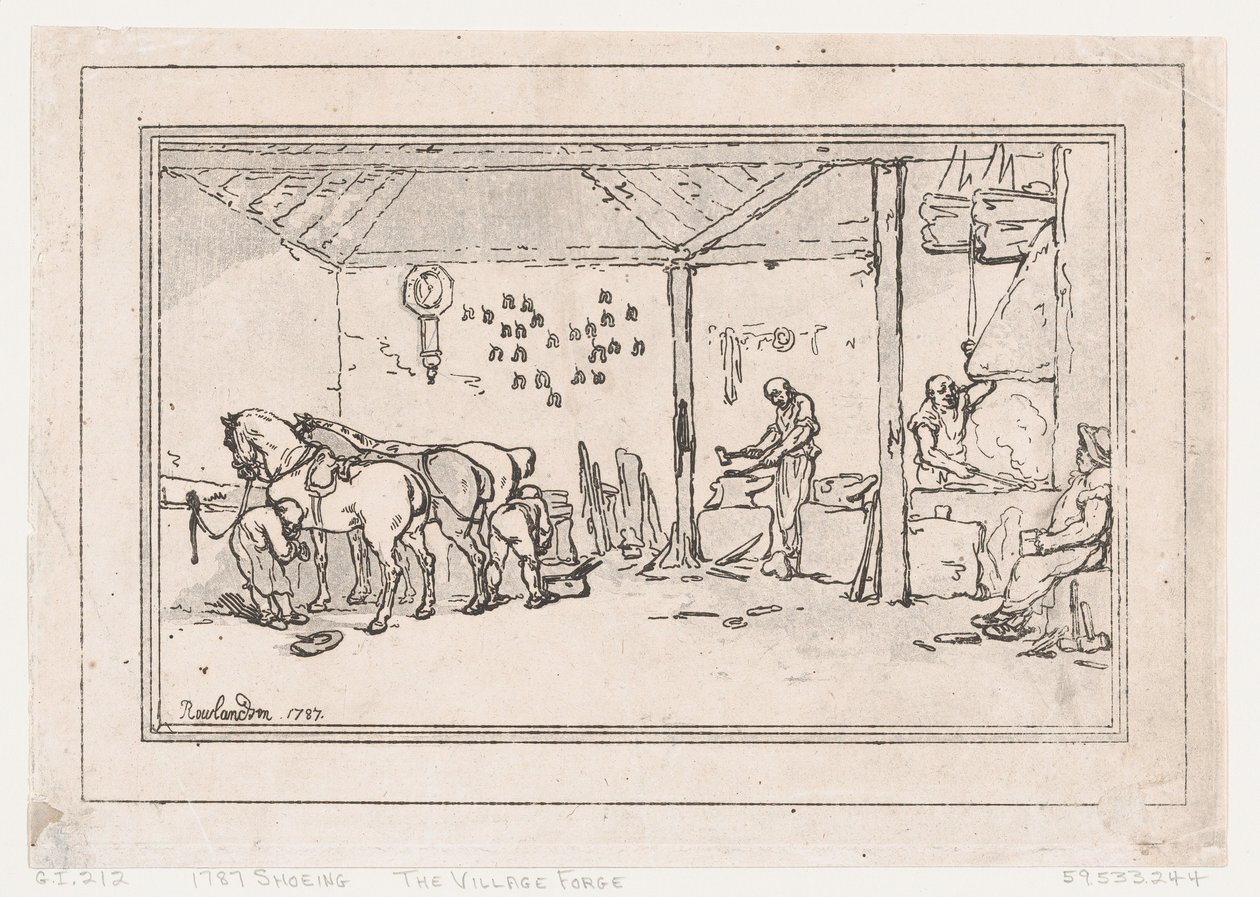 शूइंग: द विलेज फ़ोर्ज ए फ़ारियर शॉप, 1787., 1787। द्वारा थॉमस रोलैंड्सन